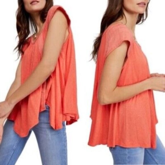 Free People Keep It Casual Linen Viscose Blend Relaxed Top in Coral Coast Size S - Picture 1 of 8